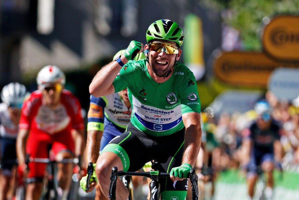 CARCASSONNE FRANCE JULY 09 Mark Cavendish of The United Kingdom and Team Deceuninck QuickStep Green Points Jersey celebrates at arrival during the 108th Tour de France 2021 Stage 13 a 2199km stage from Nmes to Carcassonne LeTour TDF2021 on July 09 2021 in Carcassonne France Photo by Chris GraythenGetty Images