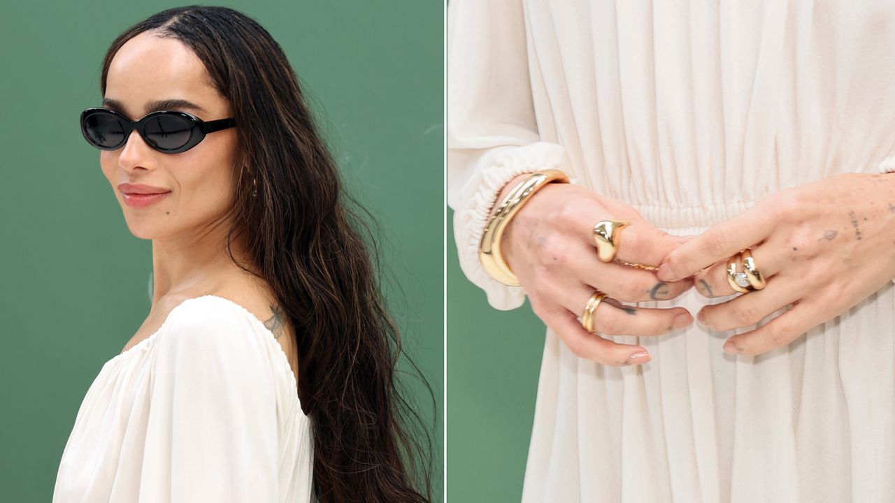 Zoë Kravitz at the Essence Black Women in Hollywood event wearing a Saint Laurent dress and a stack of Jessica McCormack rings including a wedding band