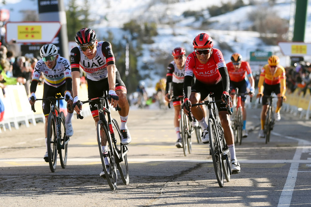 LA MOLINA SPAIN  MARCH 23 LR Juan Ayuso Pesquera of Spain and UAE Team Emirates and Nairo Alexander Quintana Rojas of Colombia and Team Arka  Samsic react after cross the finishing line during the 101st Volta Ciclista a Catalunya 2022 Stage 3 a 1611km stage from Perpignan to La Molina 1691m  VoltaCatalunya101  WorldTour  on March 23 2022 in La Molina Spain Photo by David RamosGetty Images