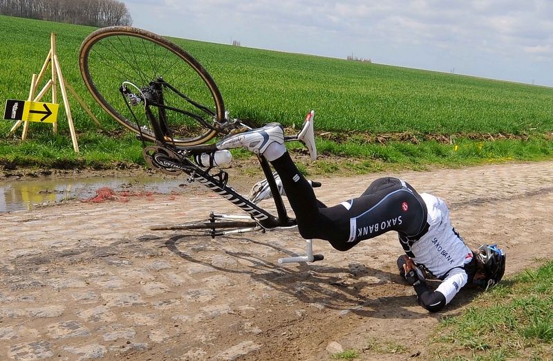 Gustav Larsson crashes right in front of the camera during a recon of the pave