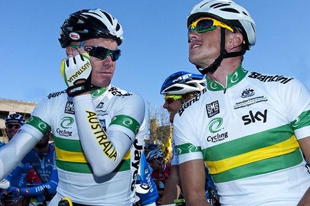 Aussies Stuart O'Grady and Simon Gerrans await the start in Melbourne.