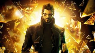 Deus Ex Human Revolution hero Adam Jensen, walking towards the viewer in a black trenchcoat. He is surrounded with shards of broken glass