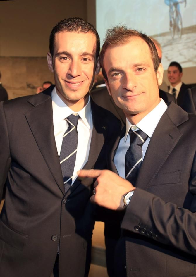 Vincenzo Nibali and Michele Scarponi at the 2014 Astana Pro Team's presentation in Brescia, Italy