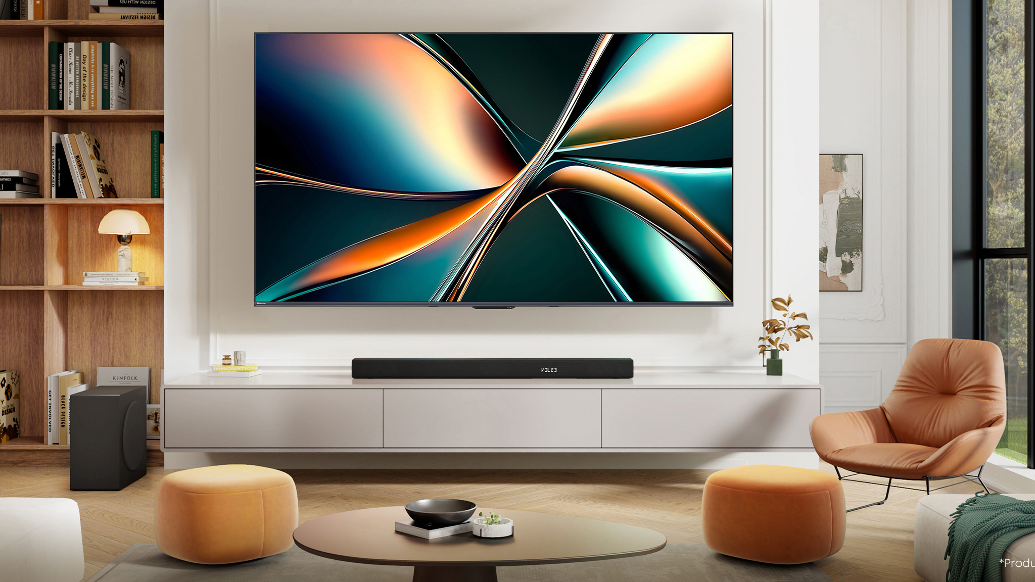 A Hisense U7Q TV wall mounted in a very bright room with a large window to the right and a bookshelf to the left. It is above a large white TV unit with a soundbar on top of the unit.