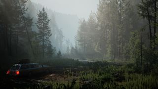A car in a misty forest in Pacific Drive