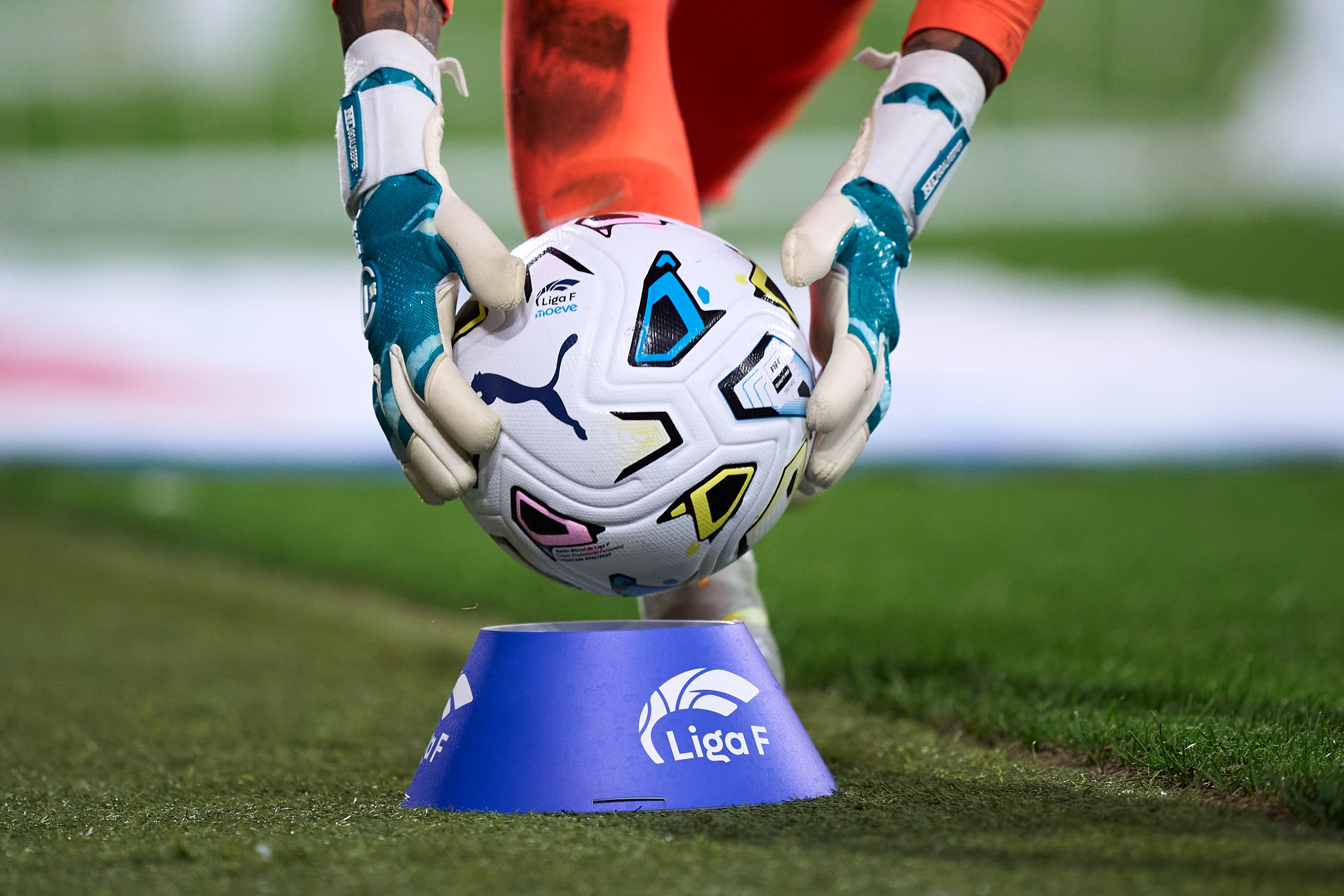 Lola Gallardo of Atletico de Madrid holds the official Liga F match ball during the Liga F Moeve 2026/27 match between FC Barcelona and Atletico de Madrid at Estadi Johan Cruyff on September 12, 2026