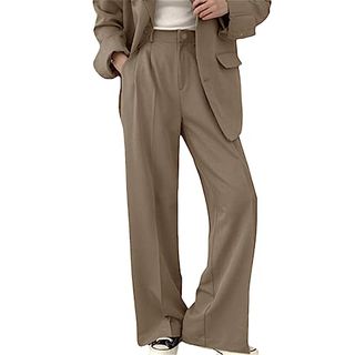 Bollrllr Hosen für Damen, hohe Taille, weites Bein, schlanke drapierte Hose, Herbst, lockere, schmale Taschen, lange, gerade Hose, Khaki, M