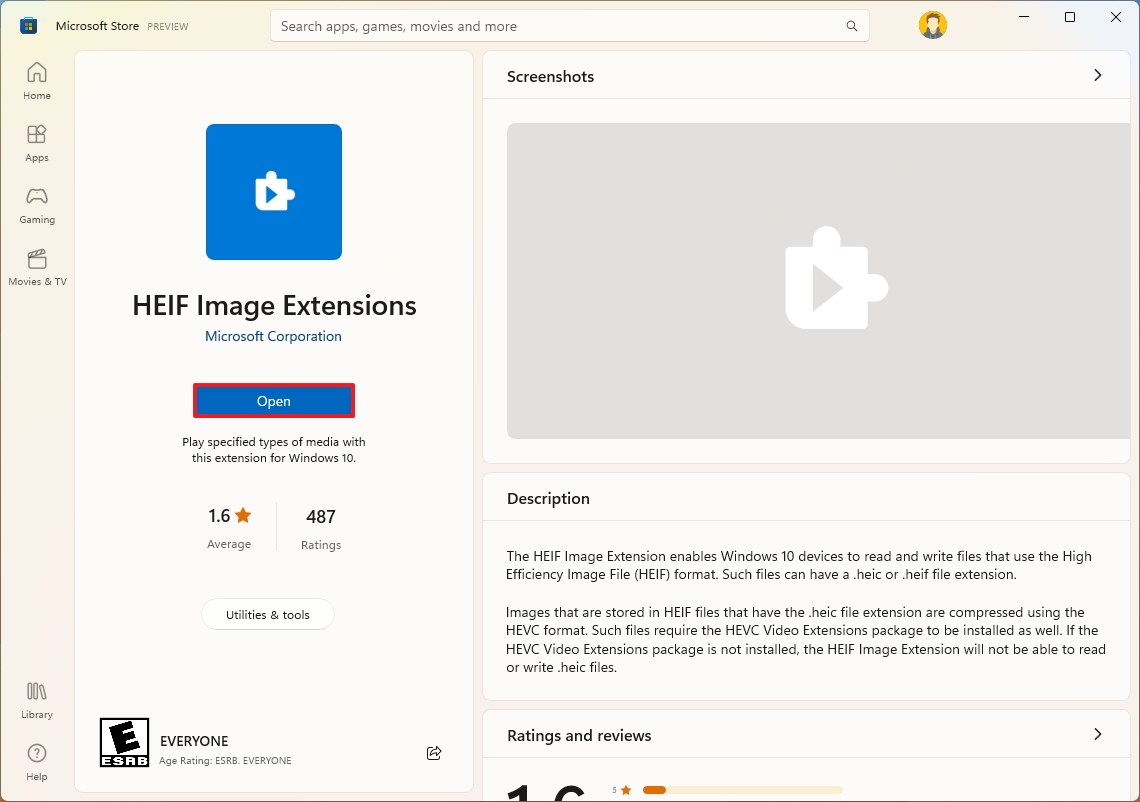 Photos install HEIF image extensions