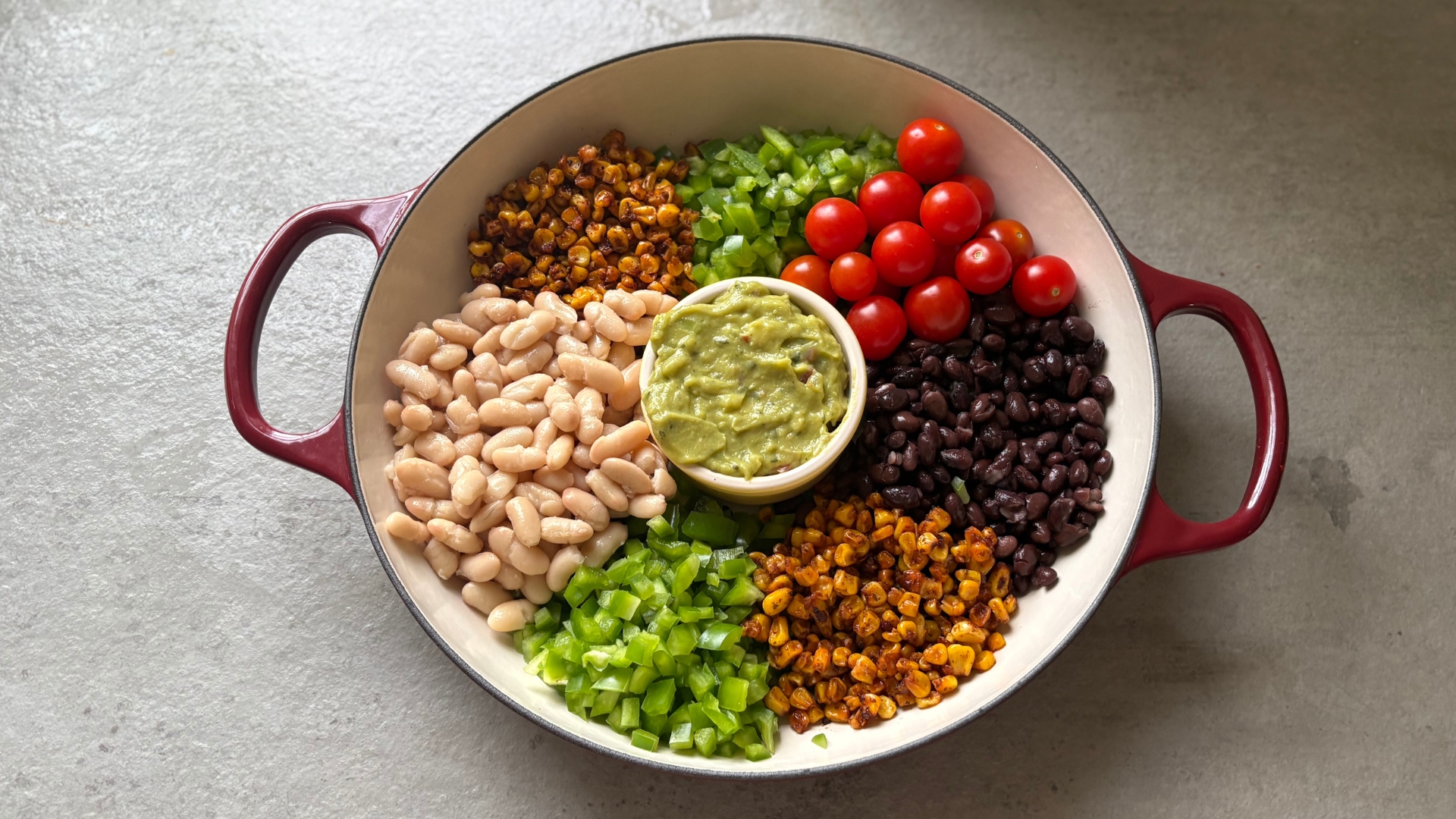 Making super glow salad in the Le Creuset Shallow Casserole Dish