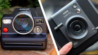 Split image with a Polaroid I-2 camera on the left and an Instax Wide Evo camera on the right