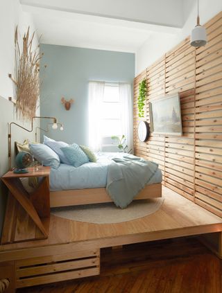 Small beach-style bedroom space with pine wall detail, Cascade mountains, Beach Glass, and Vapor Trails