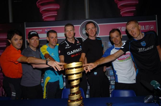One of these riders is likely to win the 2013 Giro, but which one? L-R: Sammy Sanchez, Cadel Evans, Vincenzo Nibali, Ryder Hesjedal, Bradley Wiggins, Michele Scarponi and Robert Gesink