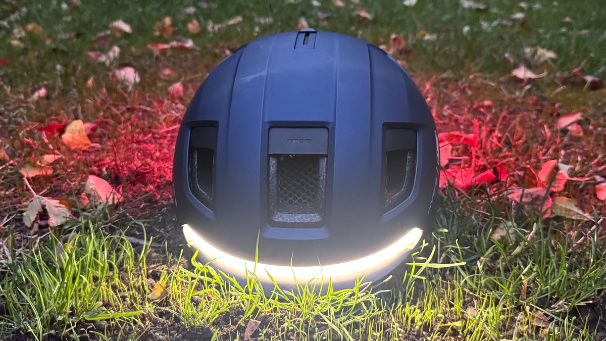 The Abus Hyp-E helmet with front light turned on