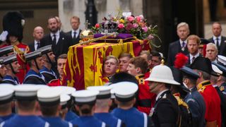 The coffin of Queen Elizabeth II is placed on a gun carriage ahead of the State Funeral of Queen Elizabeth II at Westminster Abbey on September 19, 2022 in London, England. Elizabeth Alexandra Mary Windsor was born in Bruton Street, Mayfair, London on 21 April 1926. She married Prince Philip in 1947 and ascended the throne of the United Kingdom and Commonwealth on 6 February 1952 after the death of her Father, King George VI. Queen Elizabeth II died at Balmoral Castle in Scotland on September 8, 2022, and is succeeded by her eldest son, King Charles III.