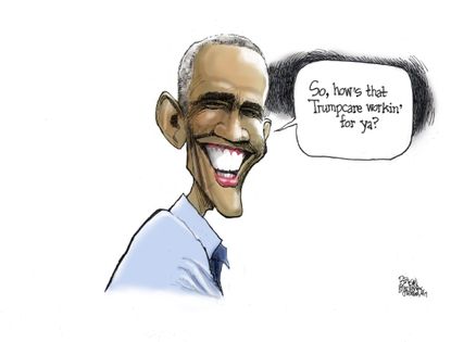 Political cartoon U.S. GOP health care reform AHCA Obama Trumpcare