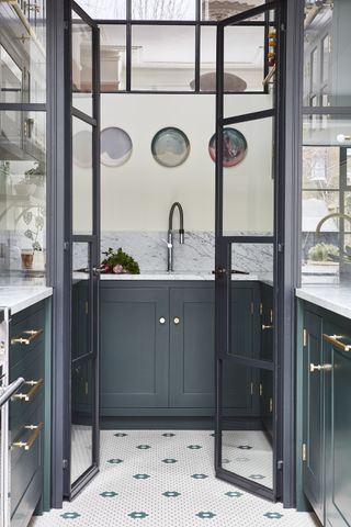 A pantry with glass doors