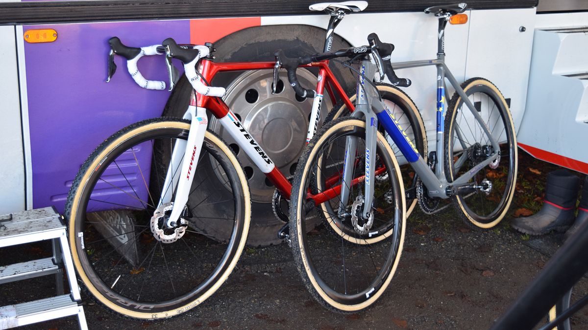 Van der Poel's custom bikes commemorating his European title and World Cup lead