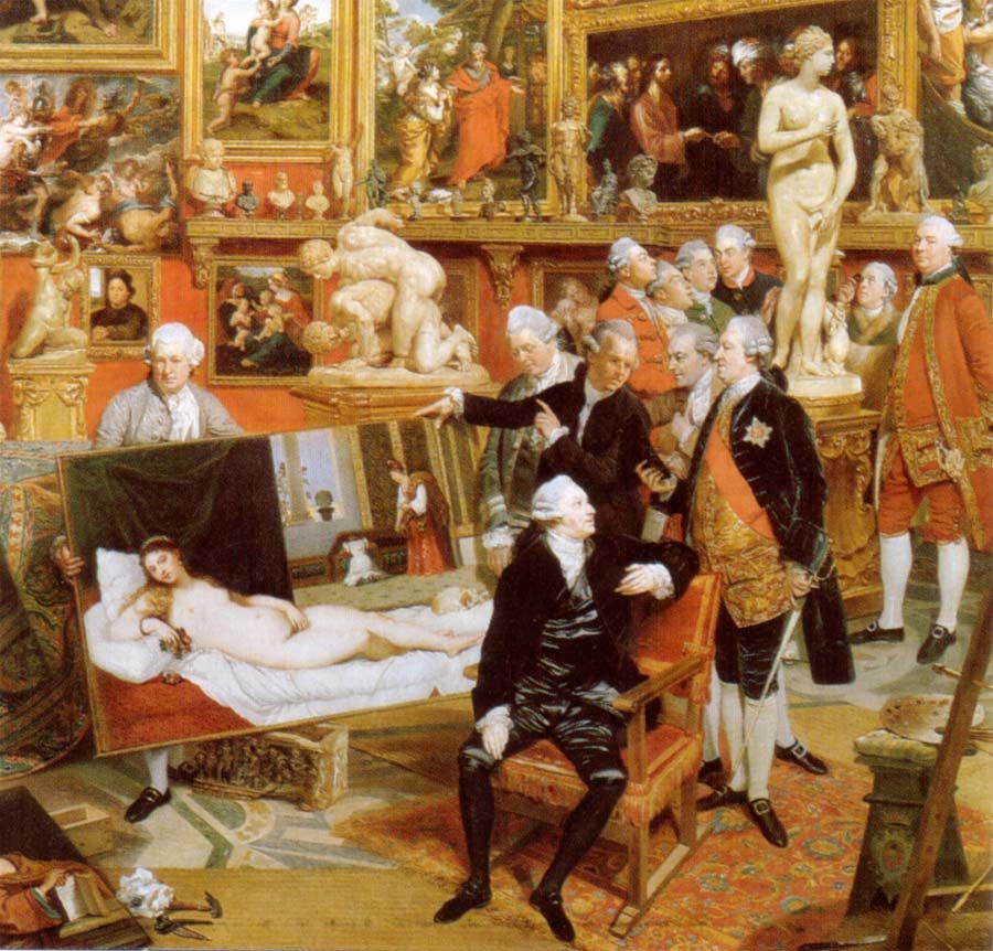 Detail of John Zoffany&#039;s 1772 painting The Tribuna of the Uffizi (now in the Royal Collection), showing the Venus (right) on show in the Tribuna, surrounded by English and Italian connoisseurs.