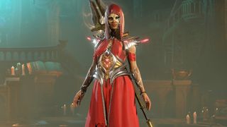 Diablo 4 sorceress in red robes with a red cowl on a dark background