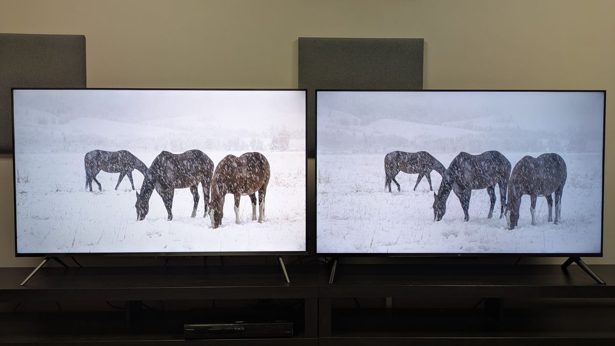 Amazon Ember QLED (left) and Amazon Ember 4-series (right) showing horses in snow. QLED set to Filmmaker Mode and 4-series set to Movie Dark where 4-series shows better white uniformity