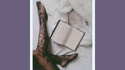 sex magick feature image: Female Legs In Stockings Next To Open Book On Bed
