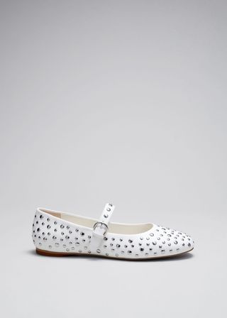 White Studded Leather Ballet Flats