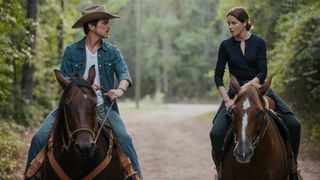 Matt Bomer and Michelle Monaghan ride horses together in Echoes.