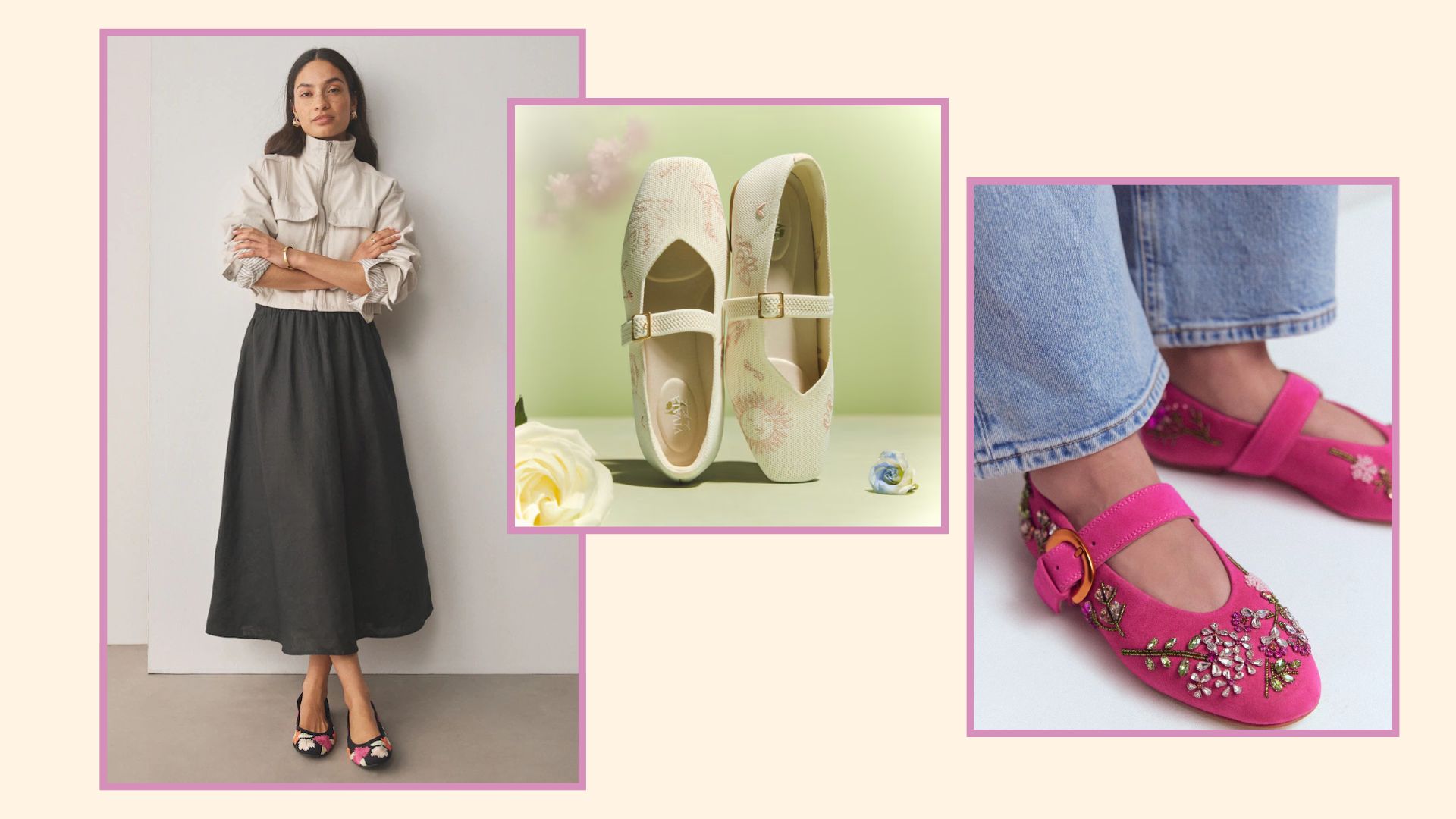 a model and two still life shots of fancy flat shoes