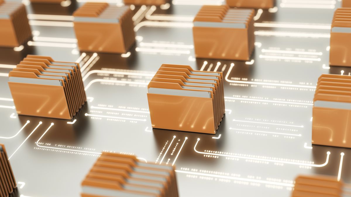 Several groups of orange files connected on a concept of a circuit board