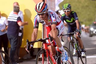 Katusha's Daniel Moreno finishes stage 2 followed by Nairo Quintana.