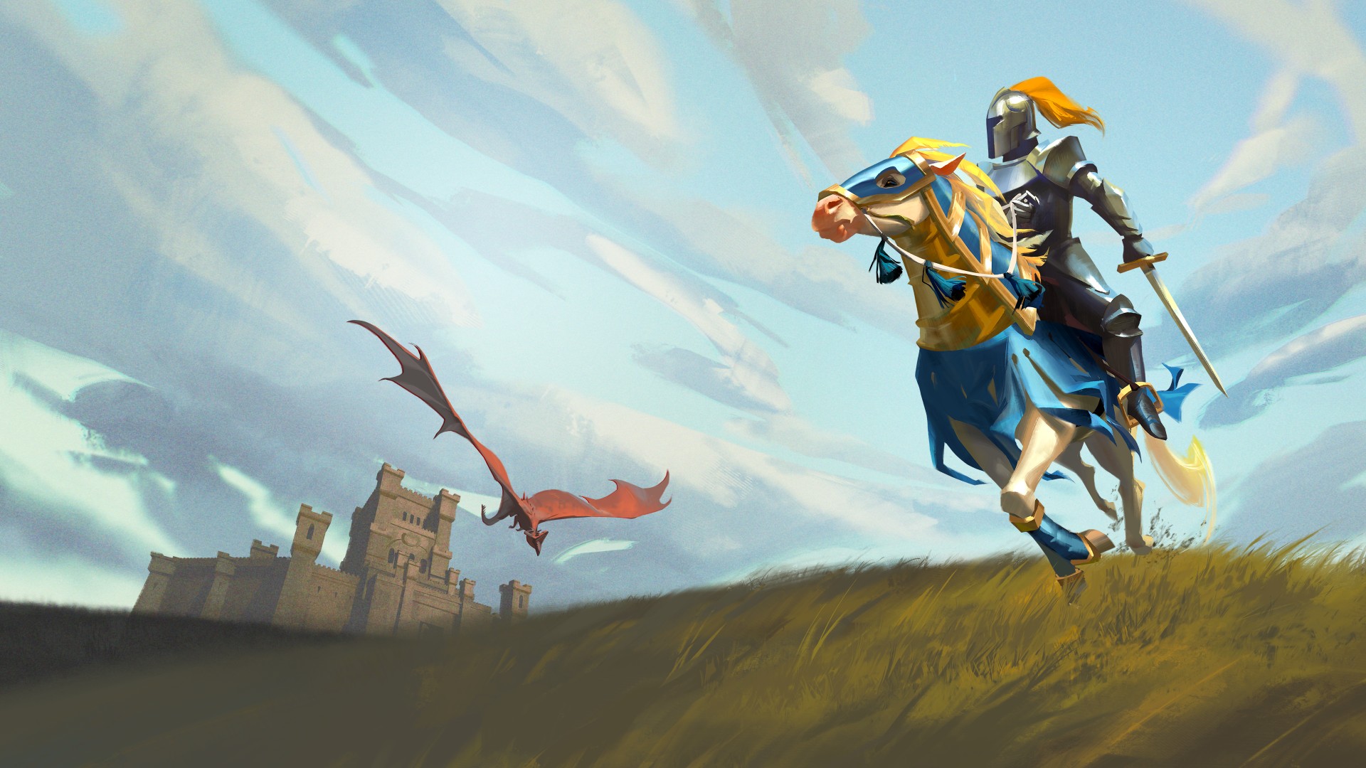 Heroes of Might and Magic: Olden Era key art showing a knight charging across a field, with a dragon swooping in the distance