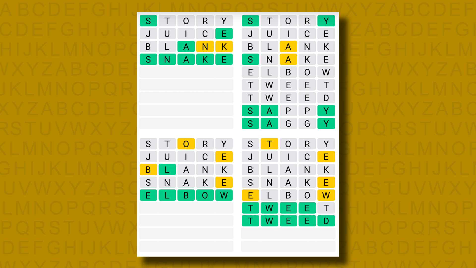 Quordle answers for game 1064 on a yellow background