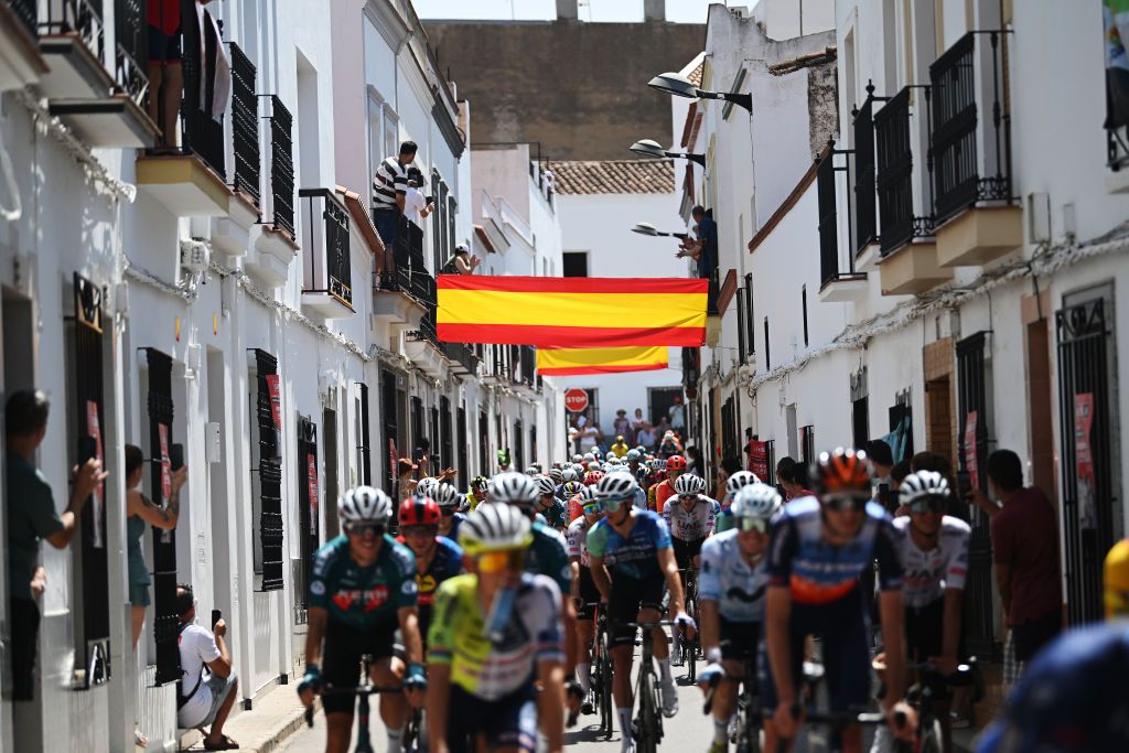 SEVILLE SPAIN AUGUST 21 A general view of the peloton prior to La Vuelta 79th Tour of Spain 2024 Stage 5 a 177km stage Fuente del Maestre to Seville UCIWT on August 21 2024 in Fuente del Maestre Spain Photo by Dario BelingheriGetty Images