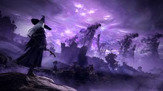 Promotional screenshot of the player looking at a corrupted version of the Lands Between in Elden Ring: Nightreign.