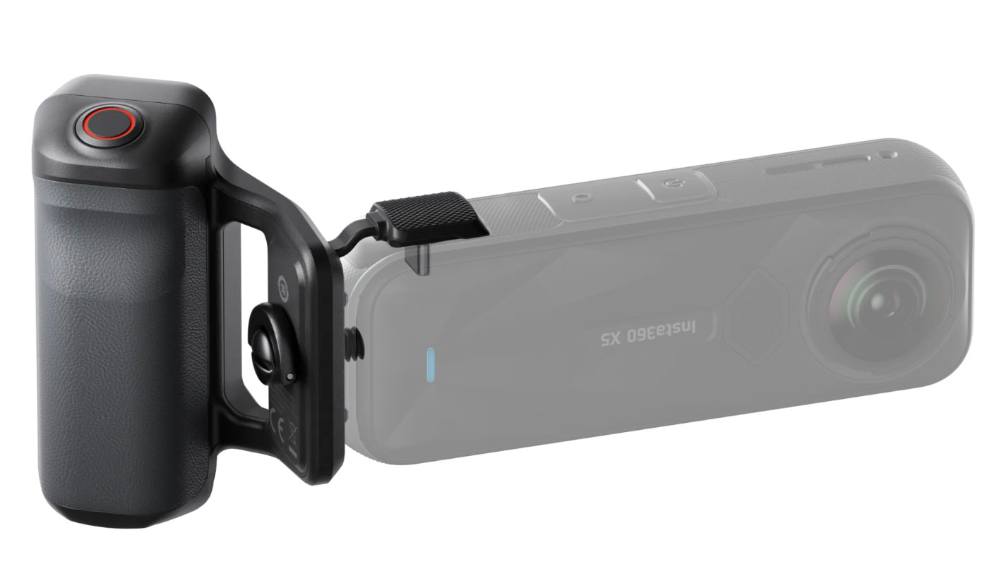 Insta360 X5 Photography Grip attached to translucent X5 camera