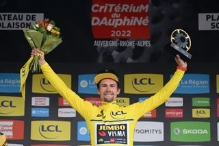 Primoz Roglic of Slovenia and Team Jumbo Visma celebrates the win at the 2022 Criterium du Dauphine