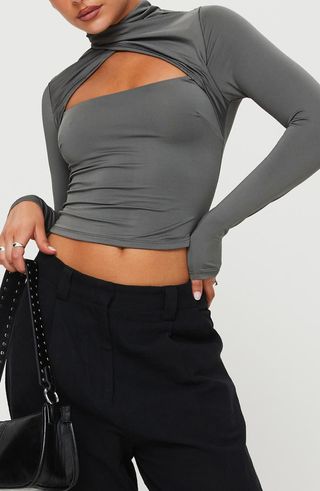 Ganz Crossover Neck Cutout Long Sleeve Top