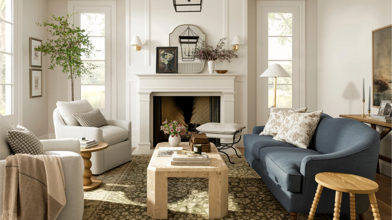 a neutral living room with light wood accent decor, a blue couch, and a large fireplace 