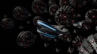 The Orville meets with the USS Roosevelt moments before the Kaylons destroy it. This tableau was a result of work from both FuseFX and Pixomondo visual effects company.