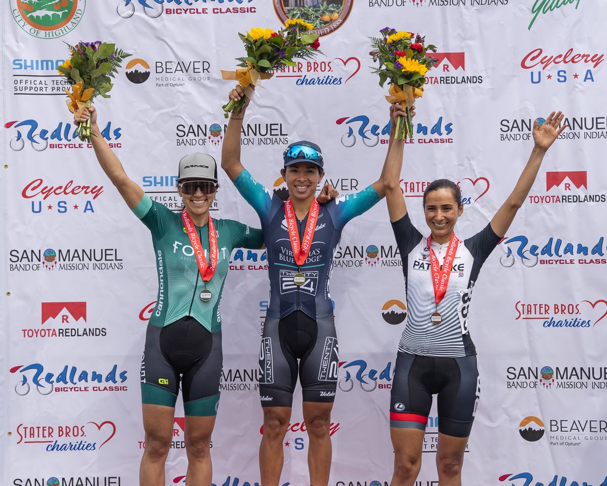 Women's stage 1 podium (L to R): second place Alia Shafi (Fount Cycling), winner Marlies Mej&iacute;as Garcia (Virginia's Blue Ridge-Twenty24) and third place Marcela Prieto (Patobike)