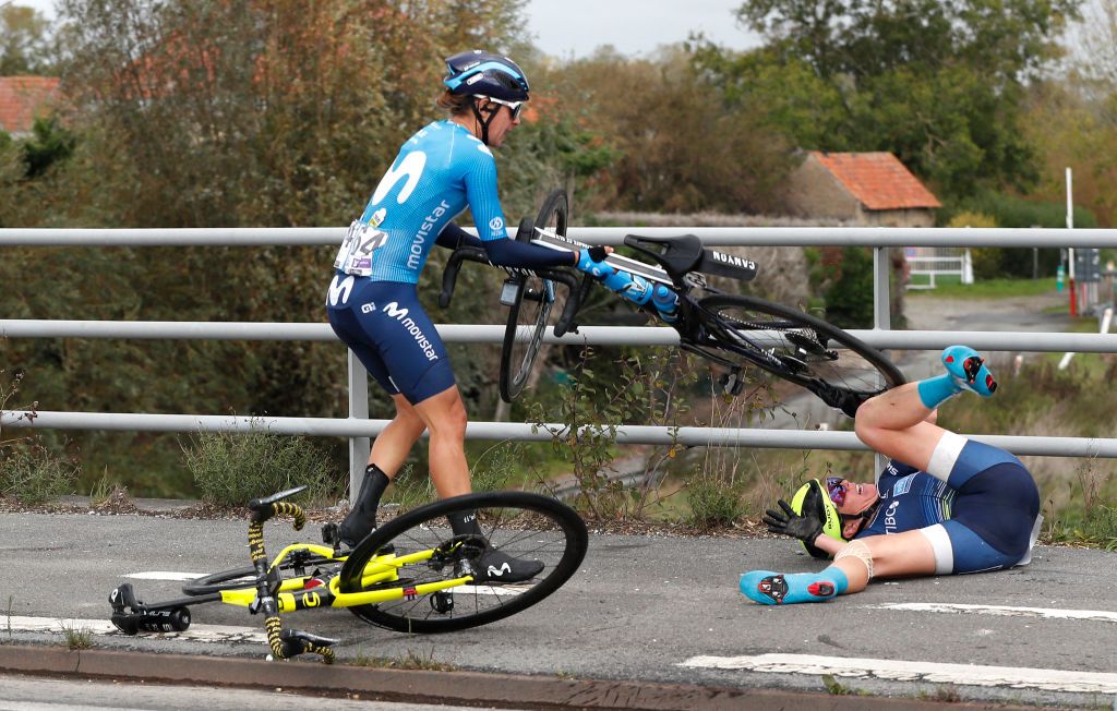 WEVELGEM BELGIUM OCTOBER 11 Barbara Guarischi of Italy and Movistar Team Rider of Team Tibco Silicon Valley Bank Crash Injury during the 9th GentWevelgem In Flanders Fields 2020 Women Elite a 1414km race from Ieper to Wevelgem GentWevelgem FlandersClassic on October 11 2020 in Wevelgem Belgium Photo by Bas CzerwinskiGetty Images