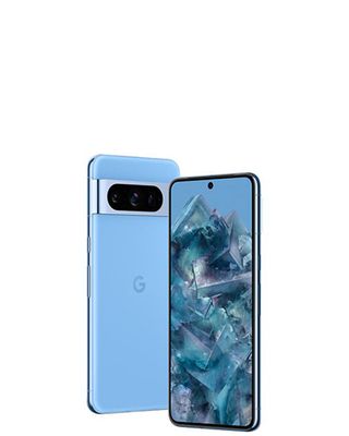 A product render of the Google Pixel 8 Pro in the Bay colorway