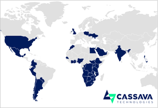 An image of the world with blue highlighted for where Cassava Technologies helps.