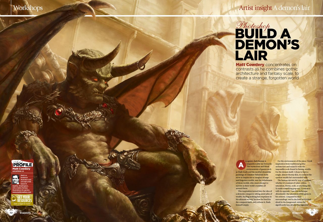 A demon lounges in the faded glories of his once-decadent lair, in Matt Cowdery&rsquo;s illustration.