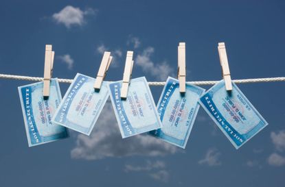 Social Security Cards pinned on a clothesline.