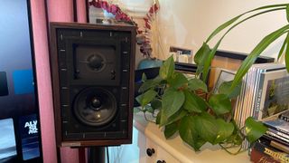 Musical Fidelity LS3/5A speakers next to TV, plants and books