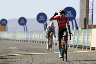 Santiago Buitrago (Bahrain Victorious) celebrates winning stage 2 of the Saudi Tour