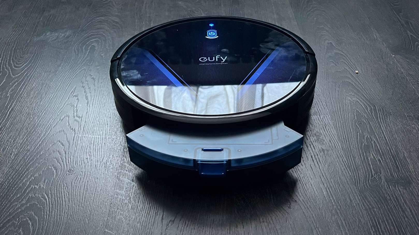 The Eufy RoboVac G20 with dust box partially removed