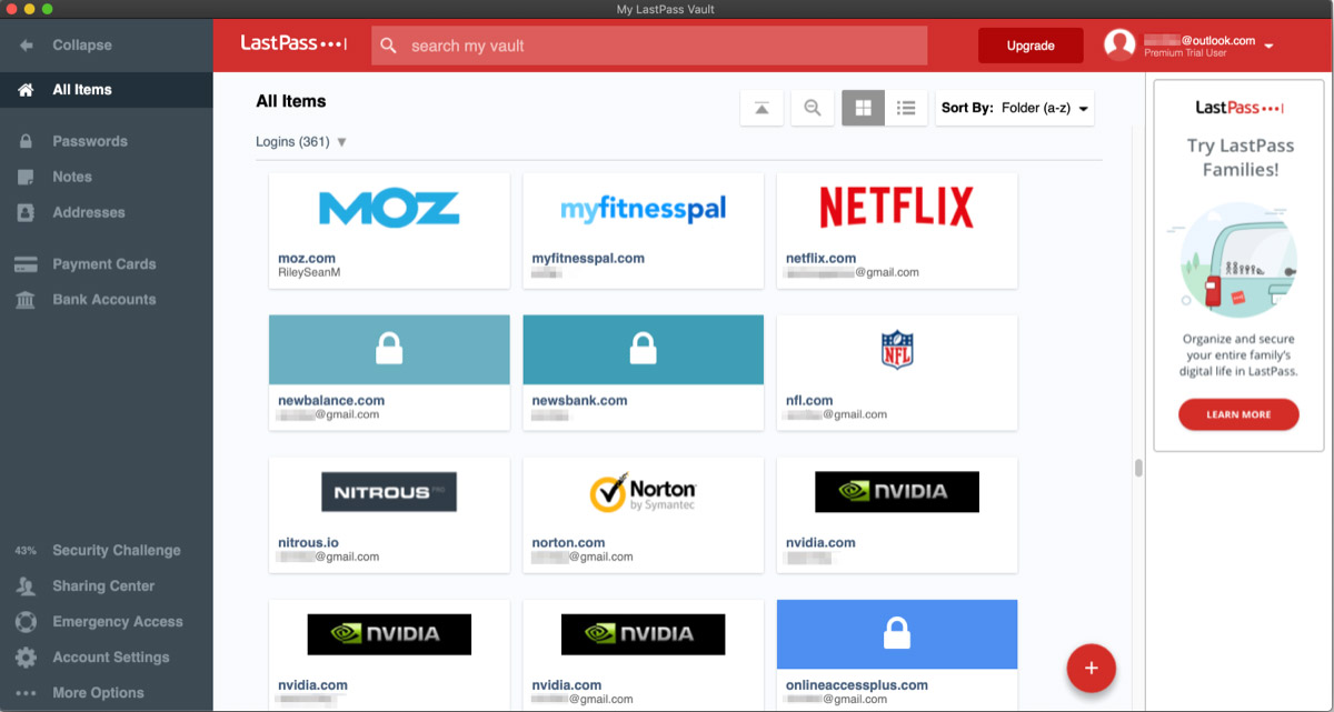 LastPass vs. 1Password: The 'all items' view in the LastPass Mac app.