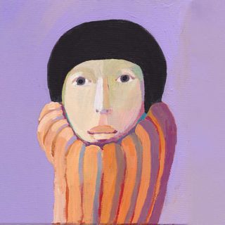 A colorful illustration painting with muted orange and purple tones of a woman looking at the camera